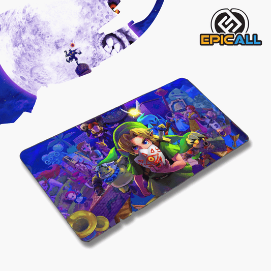 Mouse pad gamer rectangular de 30x60 cm con diseño de The Legend of Zelda: Majora's Mask en tonos azules y morados, mostrando a Link sosteniendo una máscara con el símbolo de la Trifuerza rodeado por varios personajes del juego.