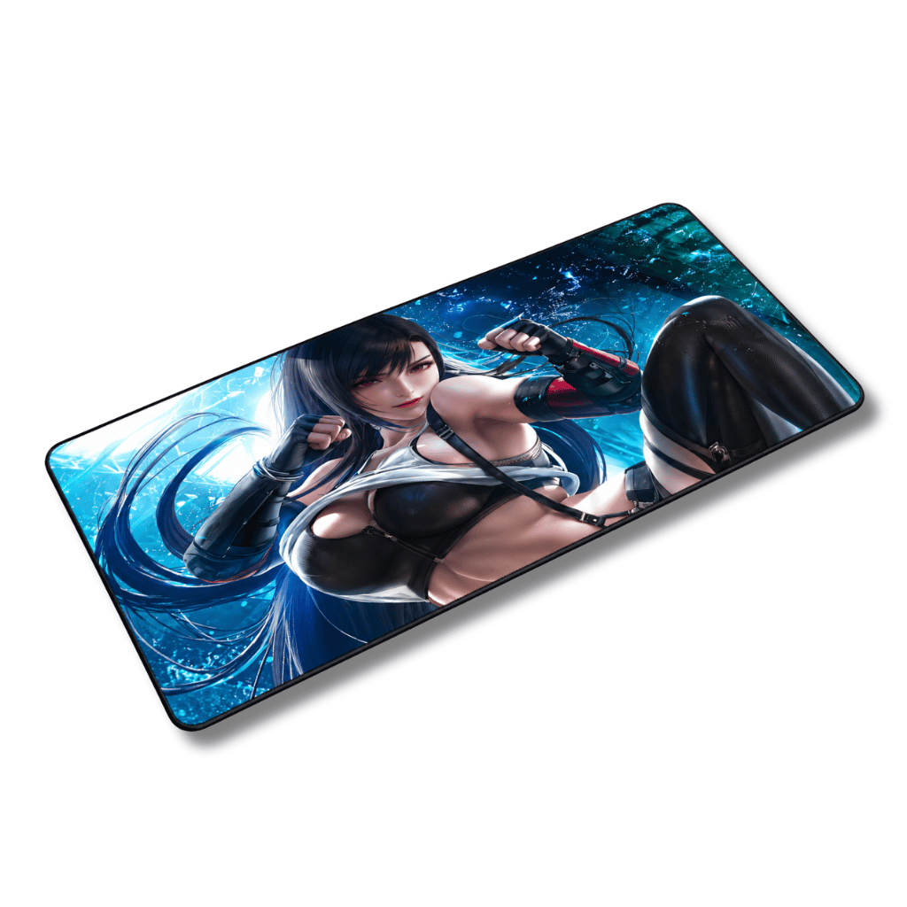 Mouse pad gamer rectangular de 30x60 cm con diseño de Tifa Lockhart de Final Fantasy VII en primer plano con su atuendo clásico, sobre un fondo azulado con efectos de partículas y dimensiones aproximadas junto al logotipo de Epicall.
