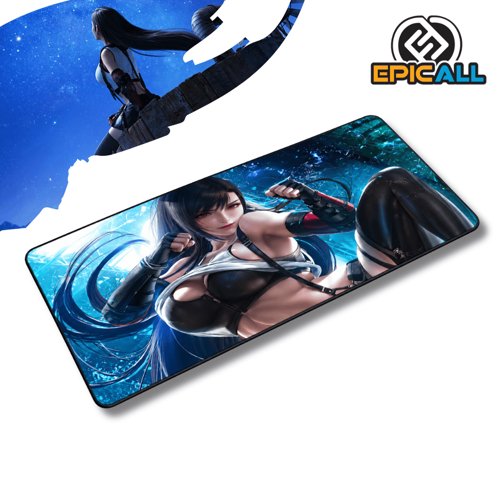 Mouse pad gamer rectangular de 30x60 cm con diseño de Tifa Lockhart de Final Fantasy VII en primer plano con su atuendo clásico, sobre un fondo azulado con efectos de partículas y dimensiones aproximadas junto al logotipo de Epicall.