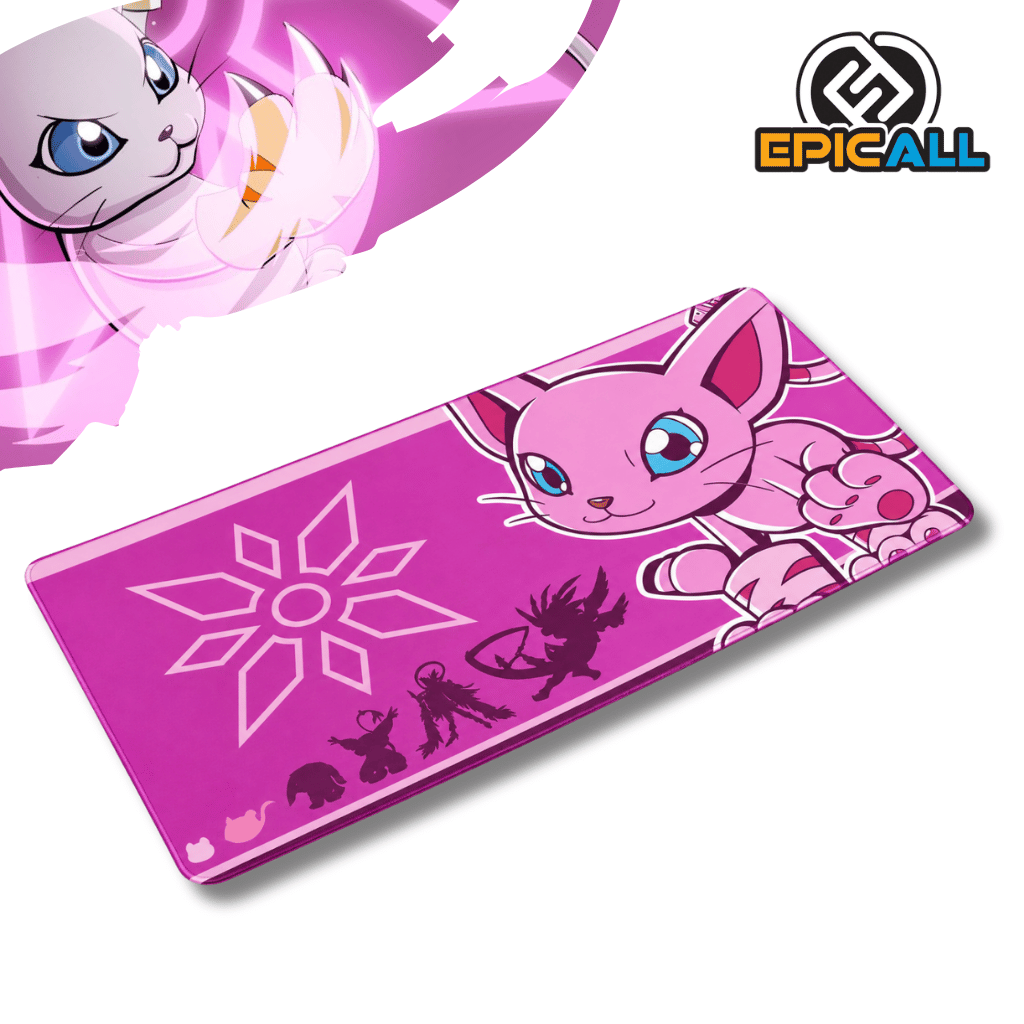 Mouse pad gamer rectangular de 30x60 cm con diseño de Gatomon de Digimon en tonos rosados, mostrando la línea evolutiva en siluetas y el emblema de la Luz.