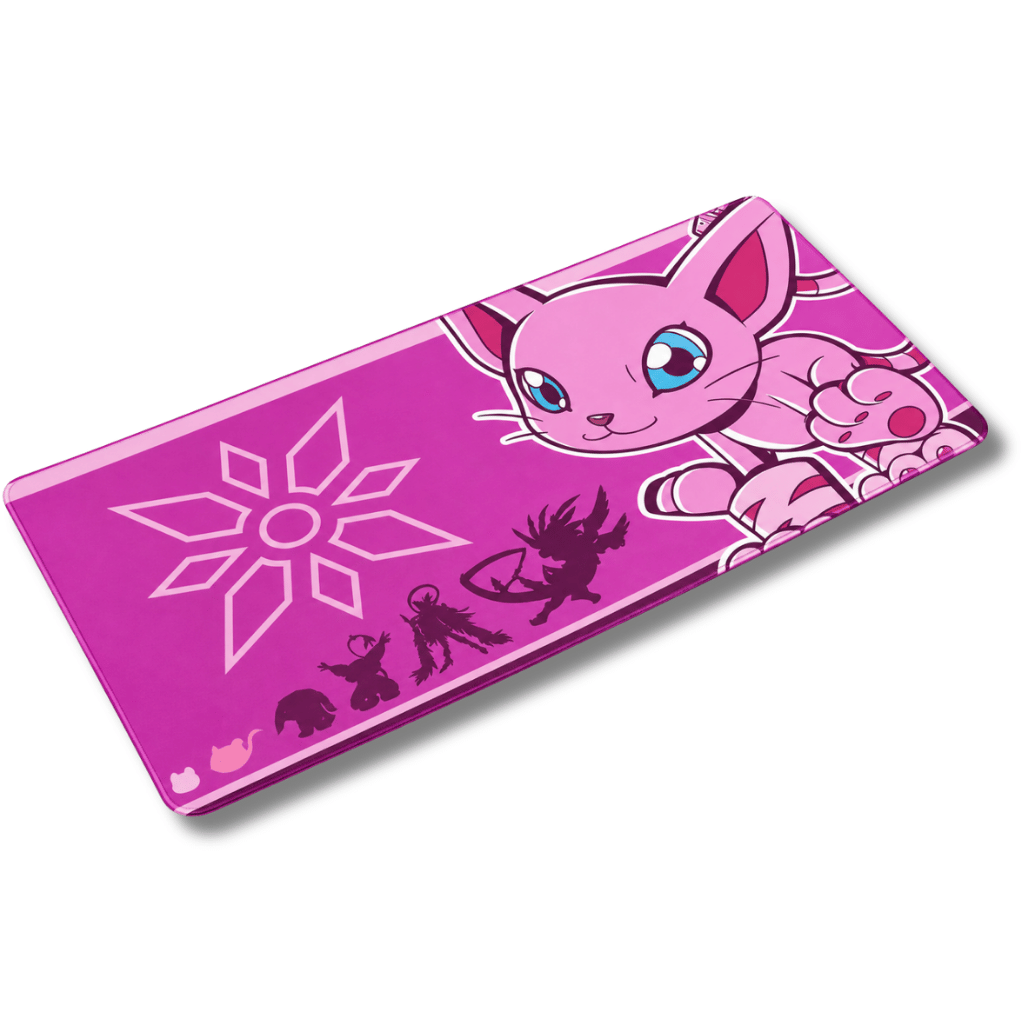 Mouse pad gamer rectangular de 30x60 cm con diseño de Gatomon de Digimon en tonos rosados, mostrando la línea evolutiva en siluetas y el emblema de la Luz.
