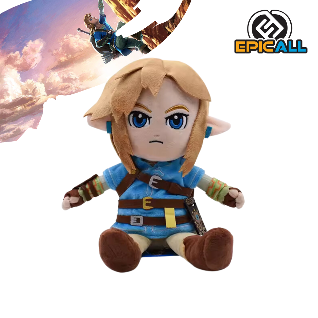 Un peluche de Link, el protagonista de la saga The Legend of Zelda. Es de color azul y marrón, con una espada y un escudo. Tiene un diseño detallado y una expresión determinada.