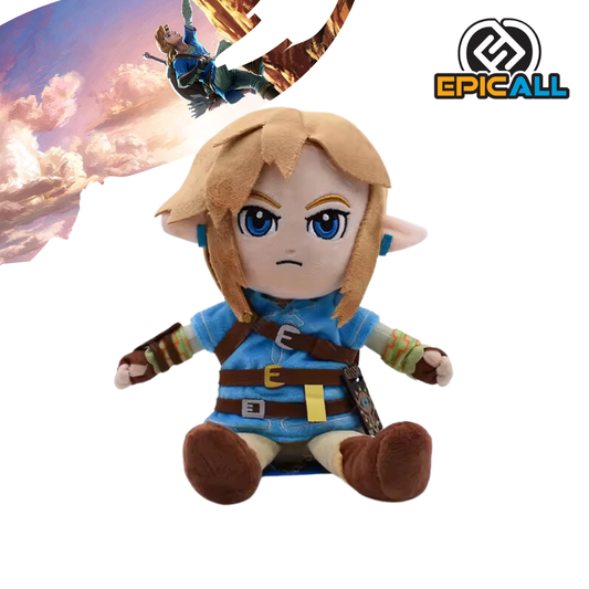 Un peluche de Link, el protagonista de la saga The Legend of Zelda. Es de color azul y marrón, con una espada y un escudo. Tiene un diseño detallado y una expresión determinada.