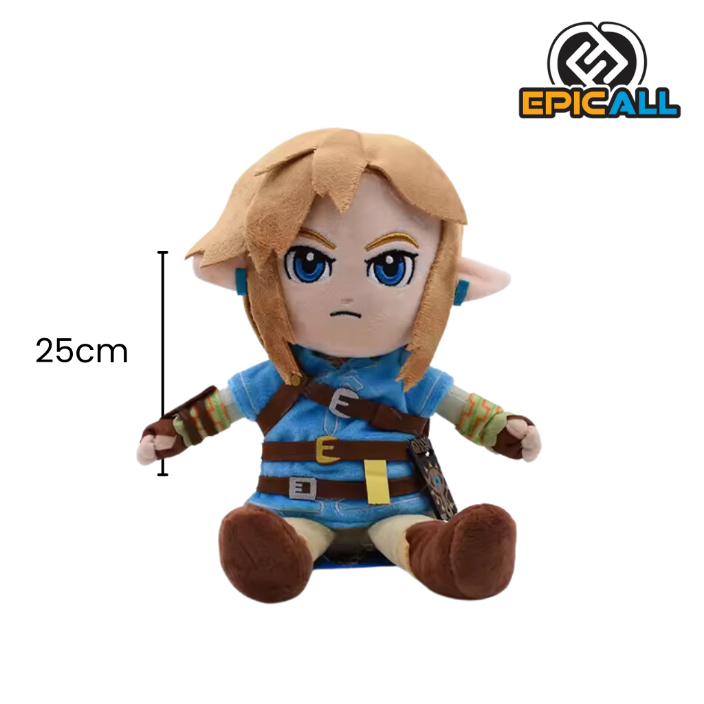 Un peluche de Link, el protagonista de la saga The Legend of Zelda. Es de color azul y marrón, con una espada y un escudo. Tiene un diseño detallado y una expresión determinada.