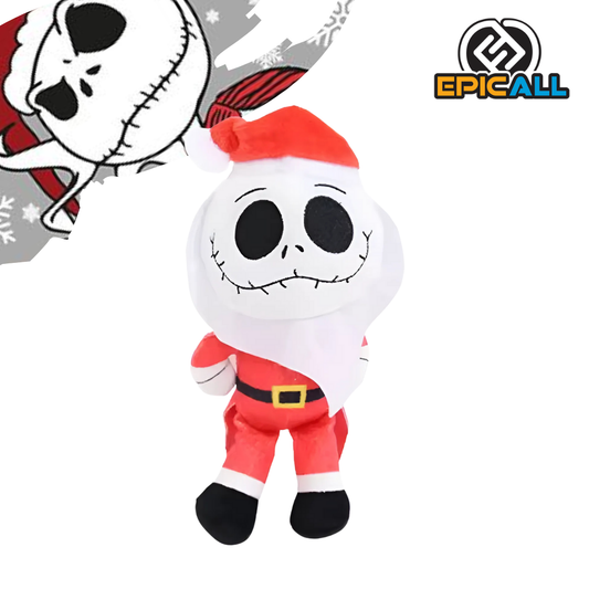 Un peluche de Jack Skellington disfrazado de Santa Claus. Tiene un traje rojo y blanco con un cinturón negro, un sombrero de Santa y una expresión sonriente. Su piel es blanca y tiene ojos negros con forma de óvalo.
