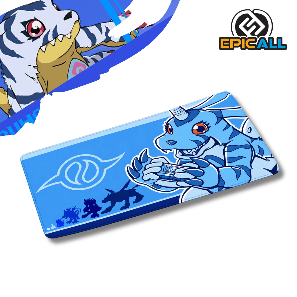 Mouse pad gamer rectangular de 30x60 cm con diseño de Gabumon de Digimon en tonos azules, mostrando su línea evolutiva en siluetas y el emblema de la Amistad.