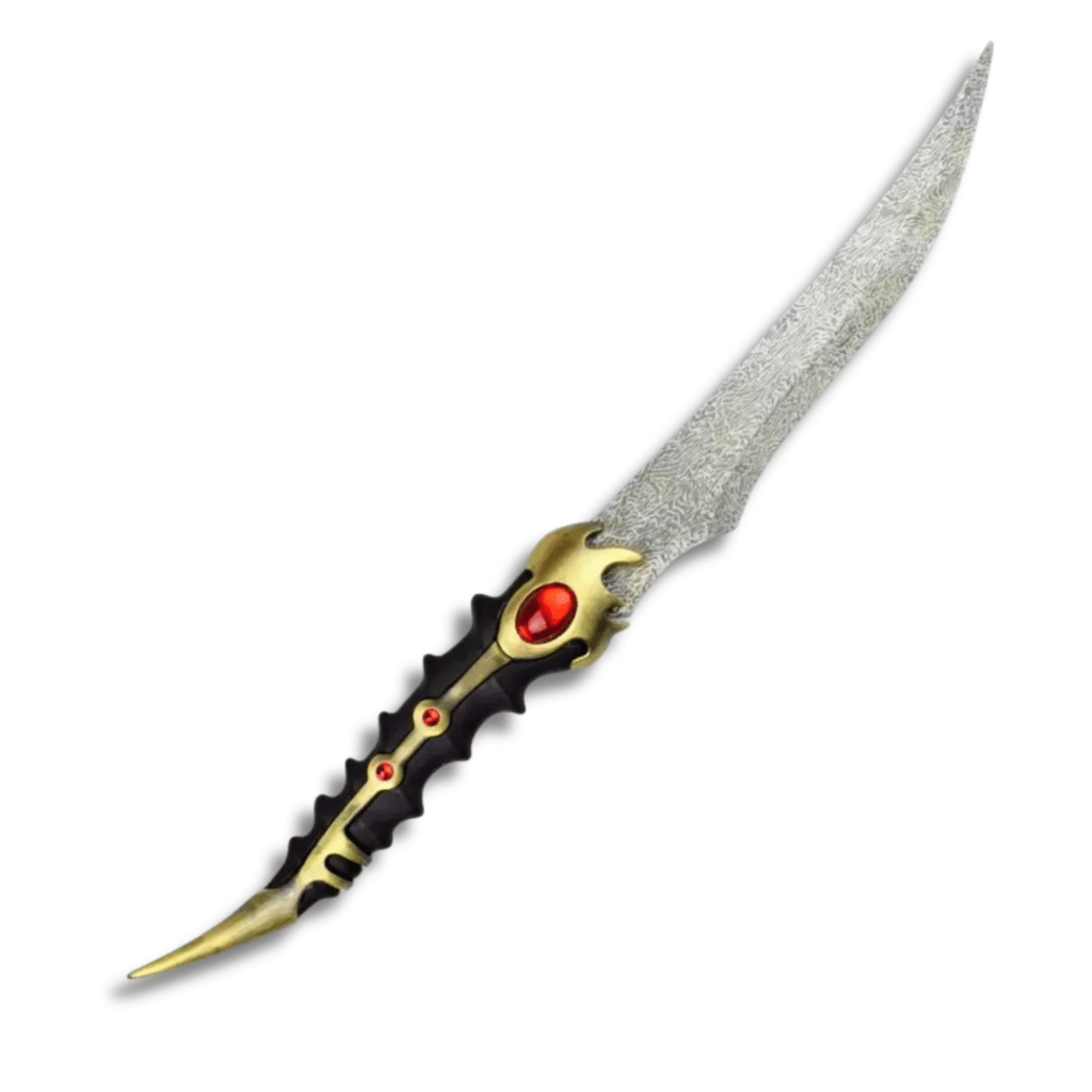 Réplica de la daga de acero valyrio de Arya Stark de Game of Thrones, con hoja curva de patrones grabados, empuñadura oscura y detalles dorados incrustados con gemas rojas.
