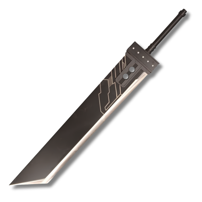 Réplica de la Buster Sword de Cloud Strife de Final Fantasy VII, destacando su hoja ancha de acero con acabado oscuro, los dos orforicios distintivos en la base y la empuñadura cilíndrica negra.