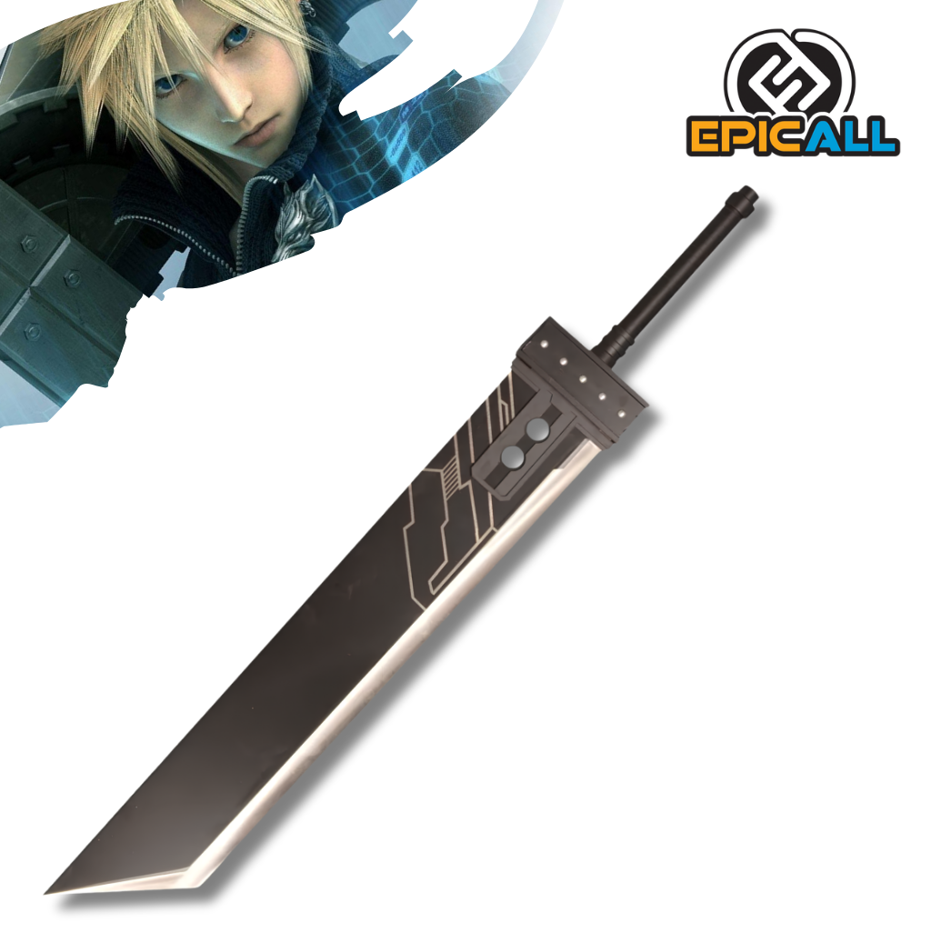 Réplica de la Buster Sword de Cloud Strife de Final Fantasy VII, destacando su hoja ancha de acero con acabado oscuro, los dos orforicios distintivos en la base y la empuñadura cilíndrica negra.