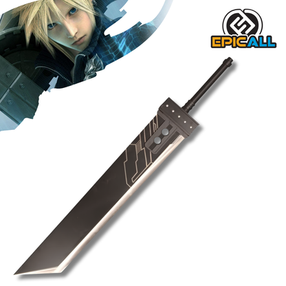 Réplica de la Buster Sword de Cloud Strife de Final Fantasy VII, destacando su hoja ancha de acero con acabado oscuro, los dos orforicios distintivos en la base y la empuñadura cilíndrica negra.