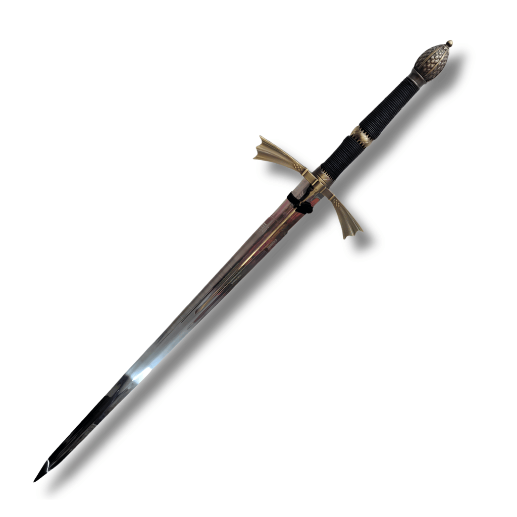 Réplica de la espada Dark Sister de Daemon Targaryen de House of the Dragon, con hoja de acero brillante, guarda dorada de diseño alado, empuñadura negra texturizada y pomo ornamentado.