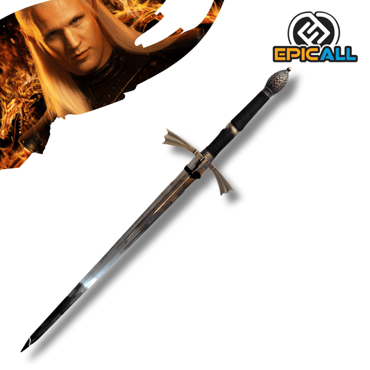 Réplica de la espada Dark Sister de Daemon Targaryen de House of the Dragon, con hoja de acero brillante, guarda dorada de diseño alado, empuñadura negra texturizada y pomo ornamentado.