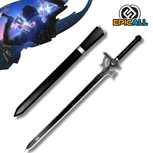 Réplica de la espada Elucidator de Kirito de Sword Art Online, con su característica hoja negra con bordes plateados, guarda detallada y su respectiva vaina negra con detalles metálicos.