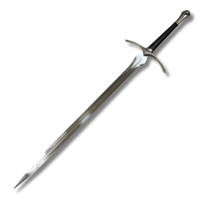 Réplica de la espada Glamdring de Gandalf de El Señor de los Anillos, con hoja de acero brillante, guarda y pomo plateados, empuñadura texturizada negra y su respectiva vaina negra.