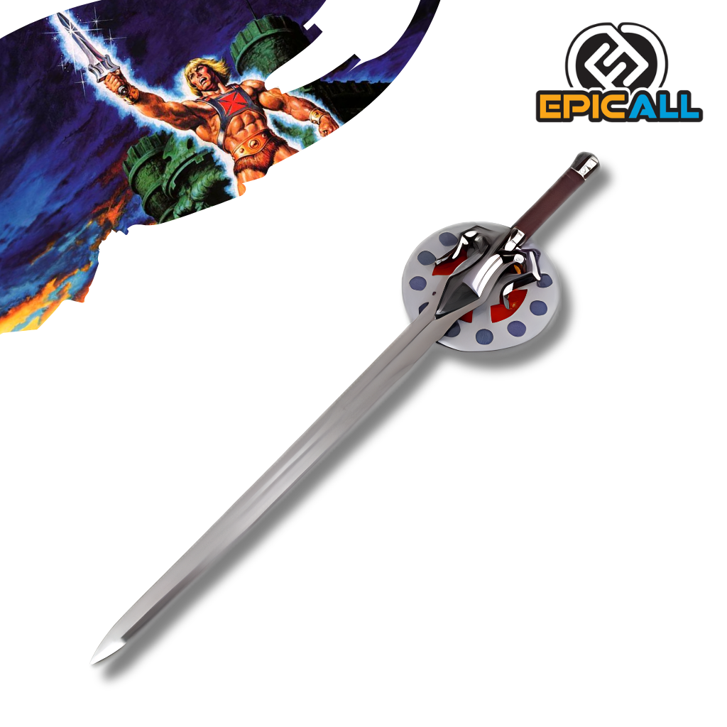 Réplica de la Espada de Poder (Power Sword) de He-Man de Masters of the Universe, con hoja de acero pulido y una característica guarda circular gris con detalles en rojo y azul.