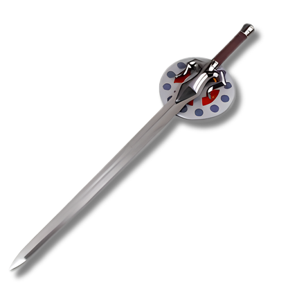 Réplica de la Espada de Poder (Power Sword) de He-Man de Masters of the Universe, con hoja de acero pulido y una característica guarda circular gris con detalles en rojo y azul.