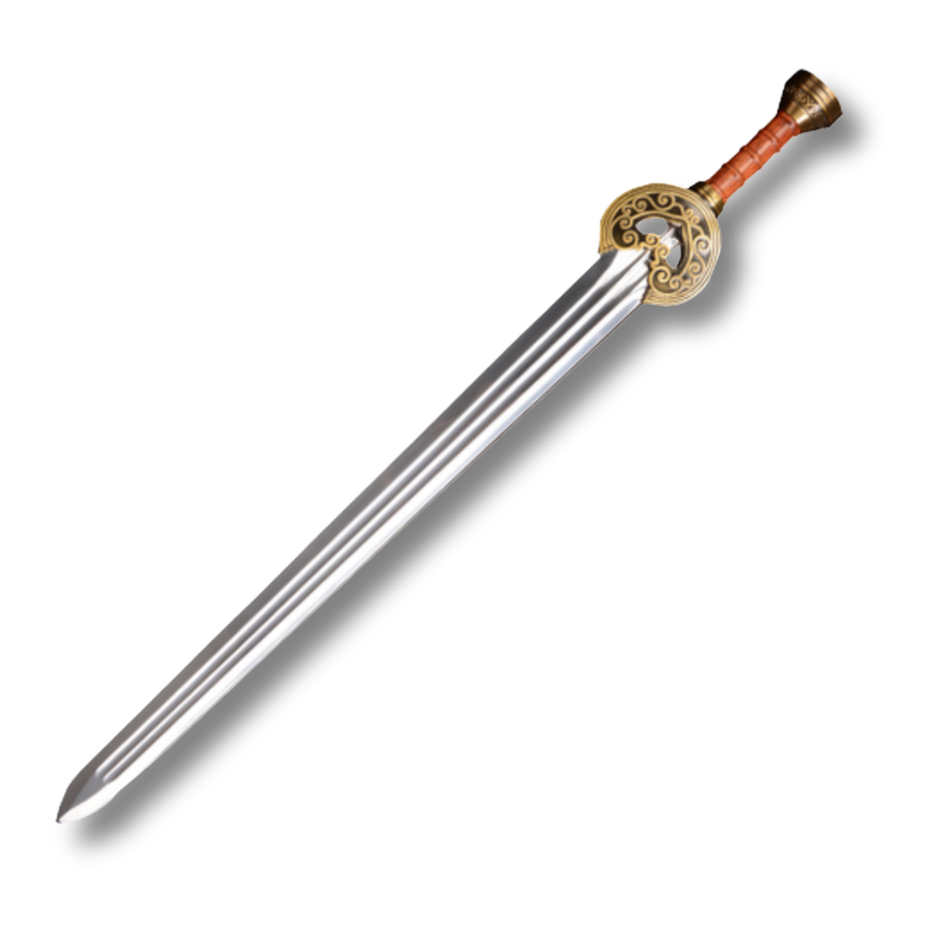 Réplica de la espada Herugrim del Rey Théoden de El Señor de los Anillos, con hoja de acero brillante, guarda ornamentada con grabados dorados y empuñadura de tonos marrones y dorados.
