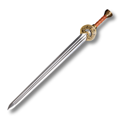 Réplica de la espada Herugrim del Rey Théoden de El Señor de los Anillos, con hoja de acero brillante, guarda ornamentada con grabados dorados y empuñadura de tonos marrones y dorados.
