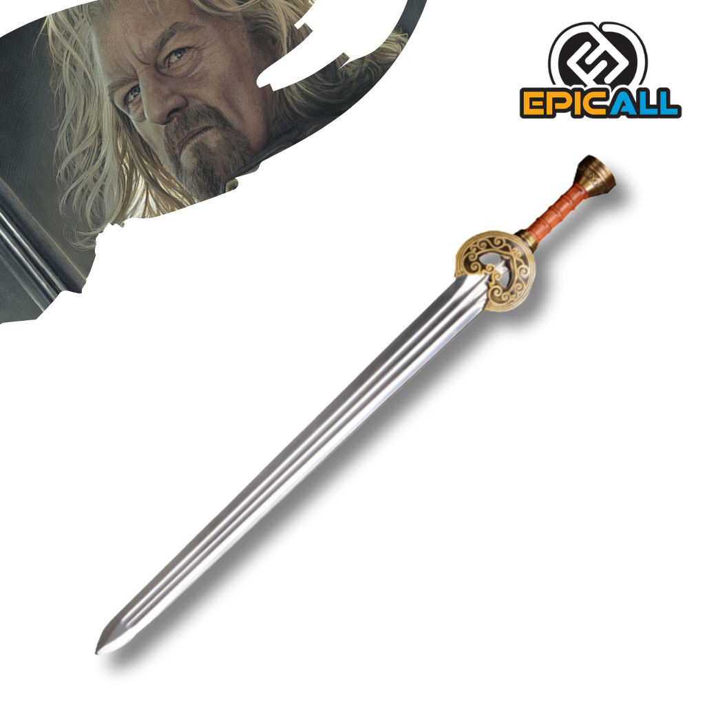 Réplica de la espada Herugrim del Rey Théoden de El Señor de los Anillos, con hoja de acero brillante, guarda ornamentada con grabados dorados y empuñadura de tonos marrones y dorados.