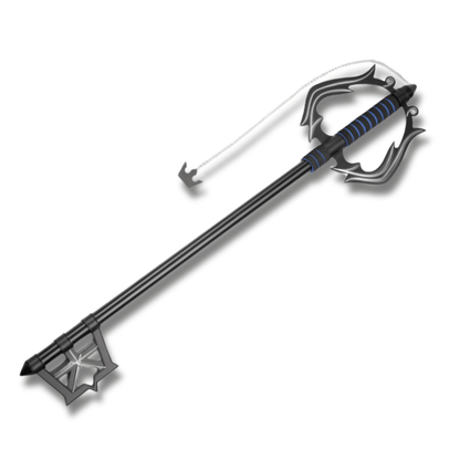 Réplica de la Keyblade Oblivion (Recuerdo Lejano) de Kingdom Hearts, con acabado oscuro y metálico, guarda en forma de alas estilizadas, empuñadura azul y negra, y su distintiva cadena con el llavero de la Corona.