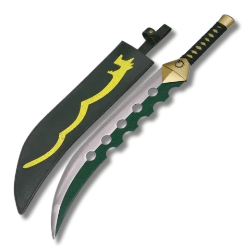 Réplica de la espada rota de Meliodas de Los 7 Pecados Capitales, destacando su hoja curva con muescas circulares características, guarda dorada y su vaina negra con diseño de dragón amarillo.
