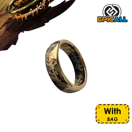 Imagen de un anillo dorado con grabados élficos, réplica del Anillo Único de El Señor de los Anillos, en talla 10.