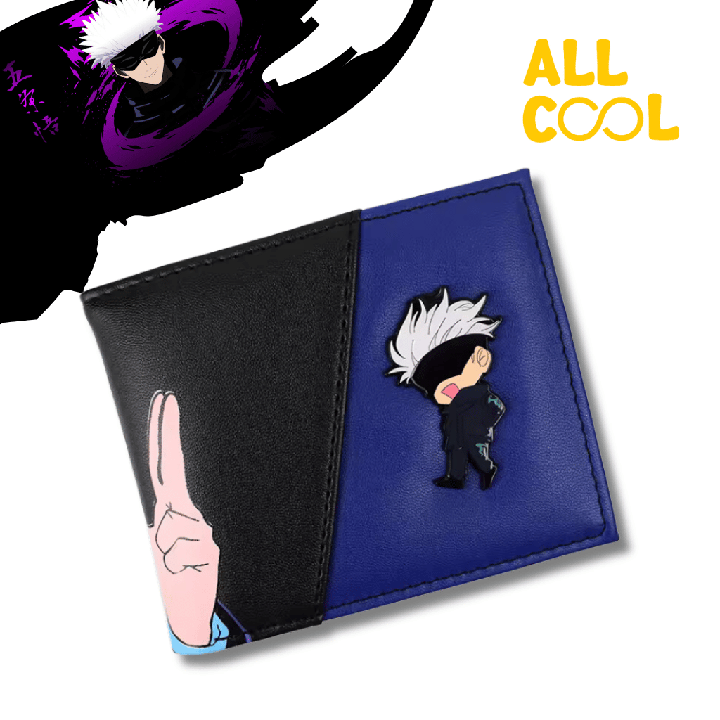 Una billetera de color negro y azul con un diseño inspirado en Gojo Satoru, un personaje del anime Jujutsu Kaisen. La billetera tiene una imagen en relieve del rostro de Gojo Satoru en una de sus caras.