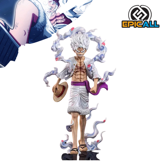 La imagen muestra una estatua de 23 cm del personaje Luffy en su forma Gear Five de One Piece, con detalles dinámicos y expresivos.