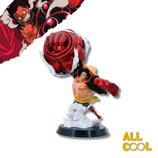 Estatua de un personaje de anime, Luffy, en una pose de lucha. Tiene un brazo gigante y musculoso de color rojo. La estatua está sobre una base circular y mide 30 centímetros de alto.