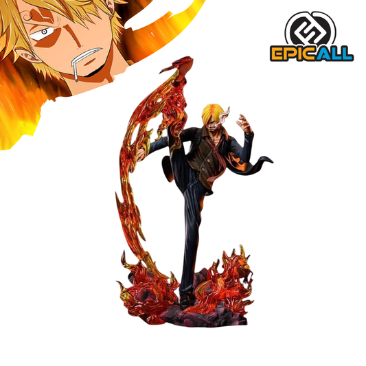 La imagen muestra una estatua de 35 cm del personaje Sanji de One Piece en una pose dinámica. Sanji está realizando su ataque "Pierna del Diablo", con su pierna derecha elevada y envuelta en llamas. La base de la estatua también tiene elementos de llamas. En la esquina superior izquierda hay una ilustración del rostro de Sanji y en la superior derecha el logotipo de EpicAll.