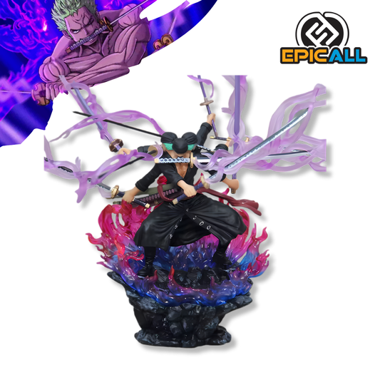 Estatua de Roronoa Zoro de 15 cm, con tres espadas y efectos de Haki en color morado, sobre una base con efectos de fuego en tonos azul y rojo. La estatua muestra a Zoro en una pose de combate, con el logo de EpicAll en la esquina superior derecha.