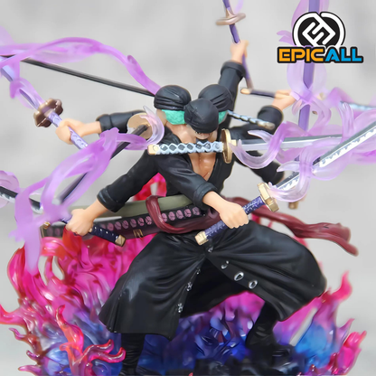 Estatua de Roronoa Zoro de 15 cm, con tres espadas y efectos de Haki en color morado, sobre una base con efectos de fuego en tonos azul y rojo. La estatua muestra a Zoro en una pose de combate, con el logo de EpicAll en la esquina superior derecha.