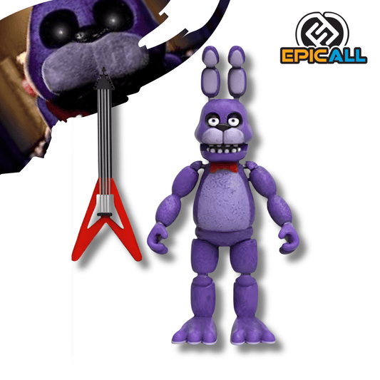Figura de acción articulada de Bonnie de Five Nights at Freddy’s. El conejo animatrónico es de color morado con un corbatín rojo y viene acompañado de su icónica guitarra eléctrica roja y negra.