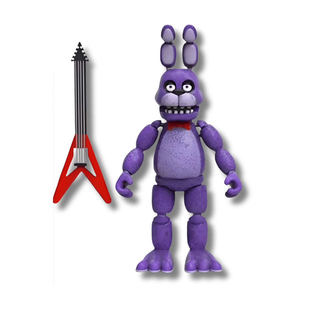Figura de acción articulada de Bonnie de Five Nights at Freddy’s. El conejo animatrónico es de color morado con un corbatín rojo y viene acompañado de su icónica guitarra eléctrica roja y negra.