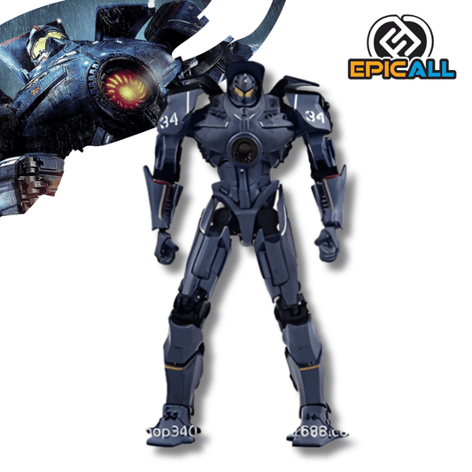 Una figura de acción articulada de color azul oscuro del robot gigante (Jaeger) Gipsy Danger de Pacific Rim. La figura está de pie, mirando al frente, con detalles en amarillo y el número '34' visible en los hombros.