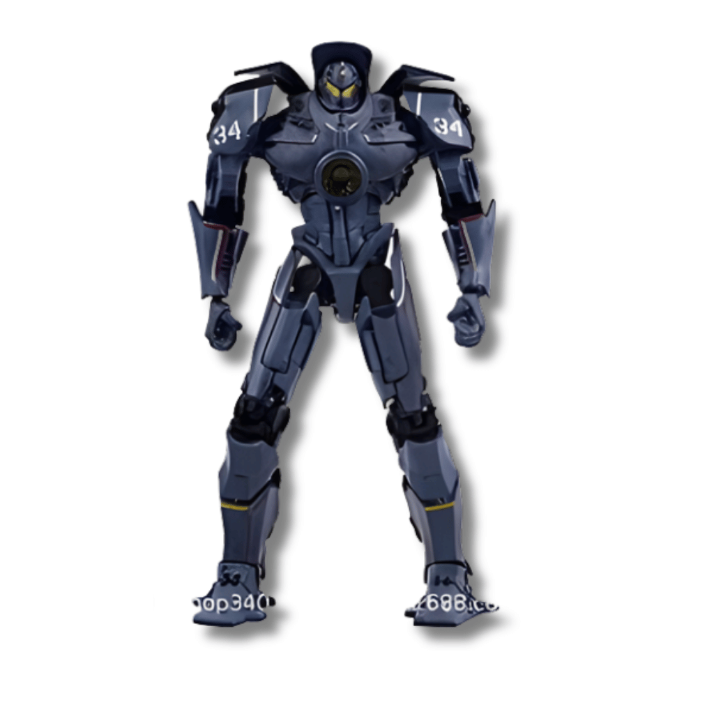 Una figura de acción articulada de color azul oscuro del robot gigante (Jaeger) Gipsy Danger de Pacific Rim. La figura está de pie, mirando al frente, con detalles en amarillo y el número '34' visible en los hombros.