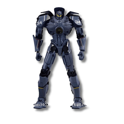 Una figura de acción articulada de color azul oscuro del robot gigante (Jaeger) Gipsy Danger de Pacific Rim. La figura está de pie, mirando al frente, con detalles en amarillo y el número '34' visible en los hombros.