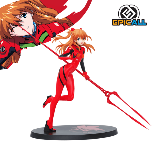 Estatua de Asuka Shikinami Langley de Evangelion en una pose dinámica de carrera, vistiendo su plugsuit rojo y sosteniendo la gran Lanza de Longinus roja.