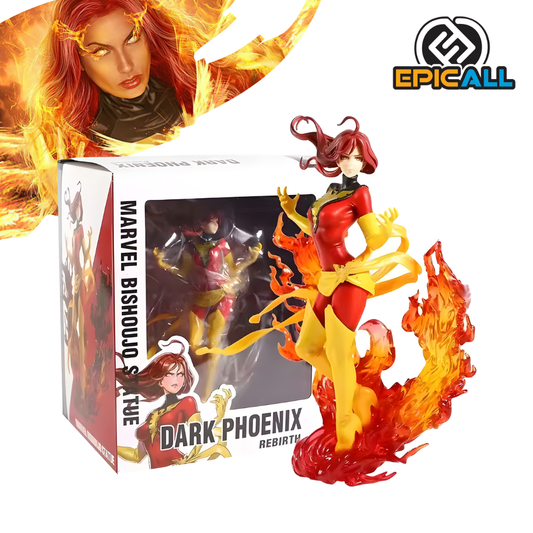 Una figura de estatua de Jean Grey en su forma Dark Phoenix, de unos 22 cm de altura, en un estilo Bishoujo. La figura viste un traje ajustado rojo y amarillo y tiene el cabello rojo. Está de pie sobre un torbellino de efectos de llamas rojas, naranjas y amarillas.