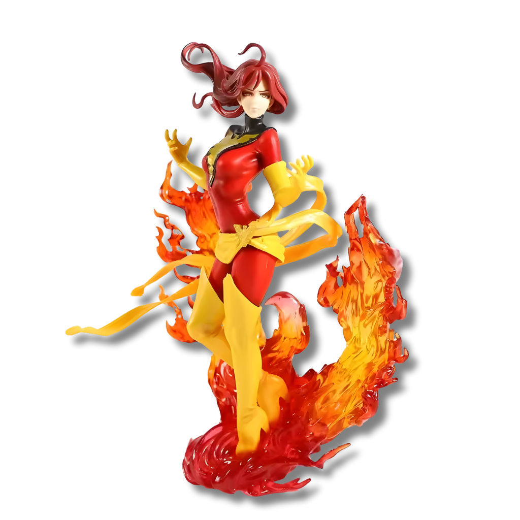 Una figura de estatua de Jean Grey en su forma Dark Phoenix, de unos 22 cm de altura, en un estilo Bishoujo. La figura viste un traje ajustado rojo y amarillo y tiene el cabello rojo. Está de pie sobre un torbellino de efectos de llamas rojas, naranjas y amarillas.