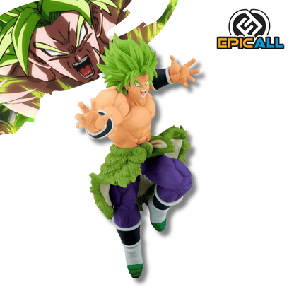 Figura de colección de Broly de Dragon Ball Super en una pose de ataque dinámica. El personaje tiene musculatura muy marcada, piel clara y cabello verde erizado de Super Saiyajin. Está gritando con la boca abierta, tiene los brazos extendidos hacia adelante y viste pantalones morados con una piel de animal verde envuelta en la cintura. Sus botas son de color blanco y verde con detalles negros.