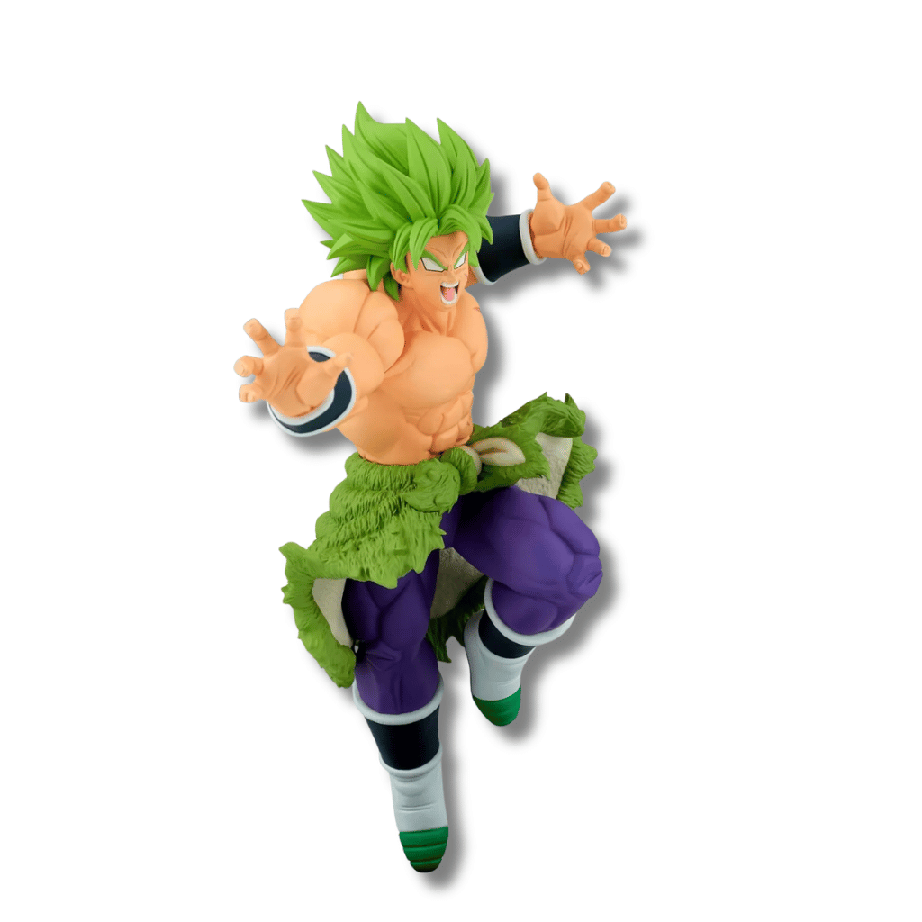 Figura de colección de Broly de Dragon Ball Super en una pose de ataque dinámica. El personaje tiene musculatura muy marcada, piel clara y cabello verde erizado de Super Saiyajin. Está gritando con la boca abierta, tiene los brazos extendidos hacia adelante y viste pantalones morados con una piel de animal verde envuelta en la cintura. Sus botas son de color blanco y verde con detalles negros.