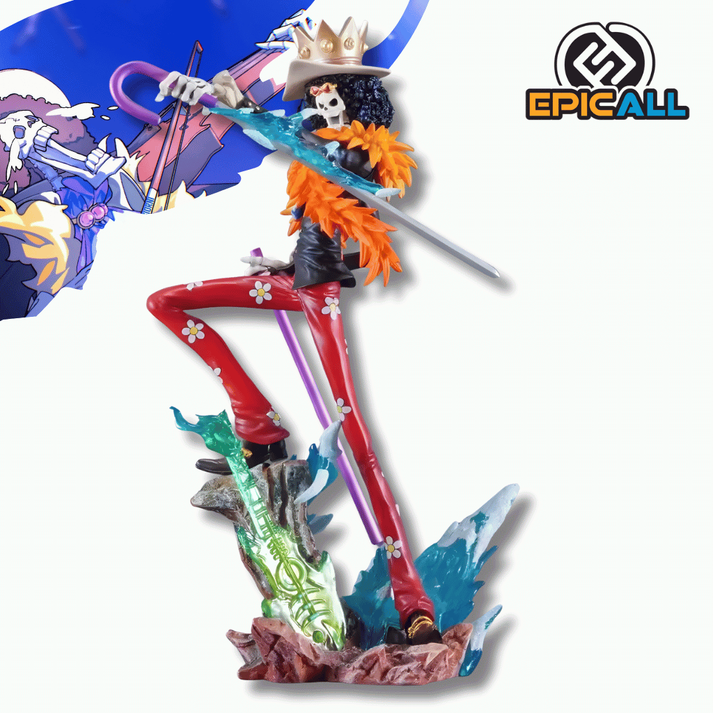 Una figura de estatua de Brook, el personaje esqueleto de One Piece, de unos 33 cm. La figura viste un traje de rayas rojas con flores blancas, una chaqueta negra y una bufanda grande de plumas naranjas. Sostiene una espada plateada y un bastón morado, y está de pie sobre una base marrón con detalles de hielo azul y una guitarra verde.
