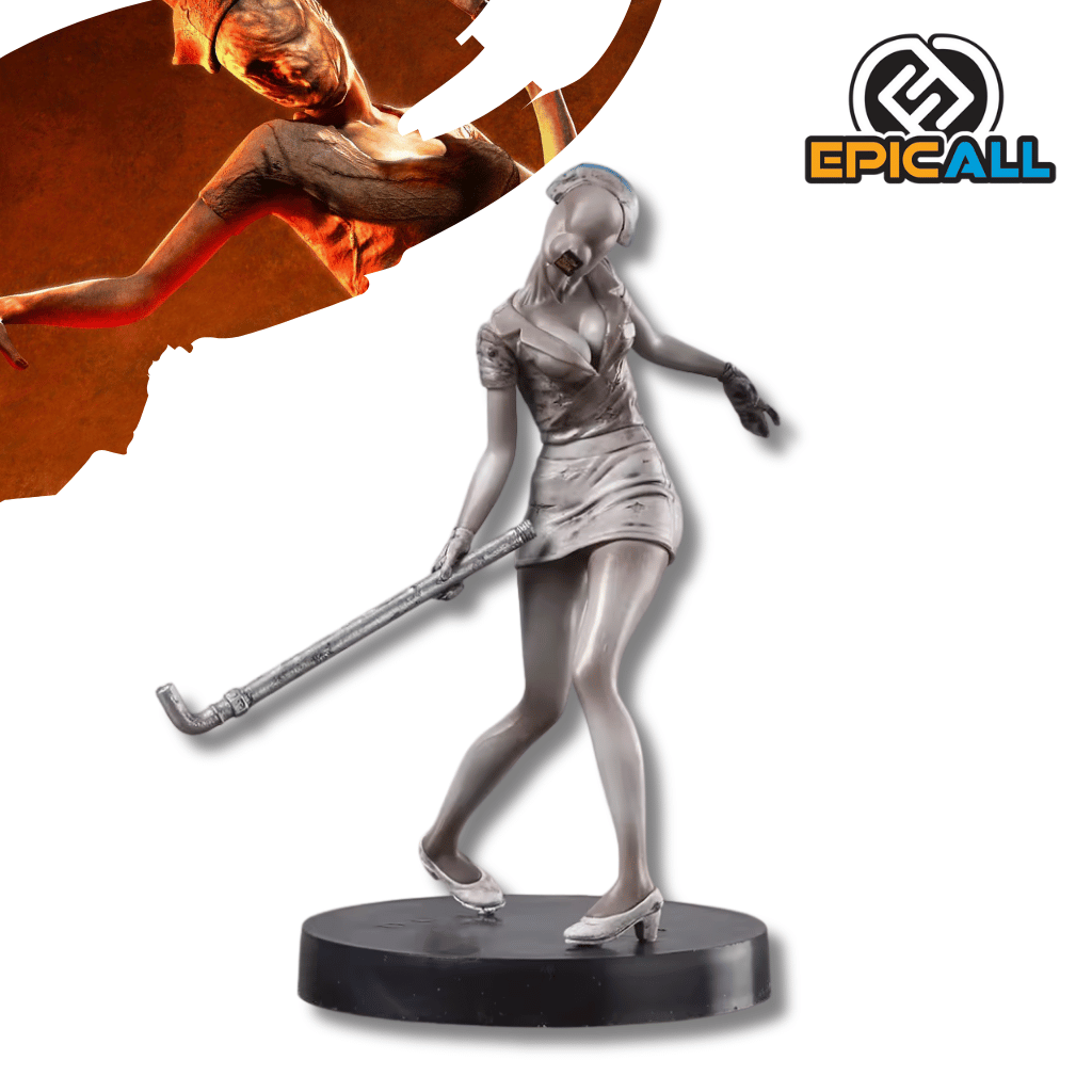 Figura de colección de una enfermera de Silent Hill (Bubble Head Nurse). El personaje viste un uniforme de enfermera corto y ajustado de color grisáceo, con la cabeza inclinada y deformada sin rasgos faciales visibles. Sostiene una tubería metálica larga y oxidada en su mano derecha. La figura está de pie sobre una base circular negra.