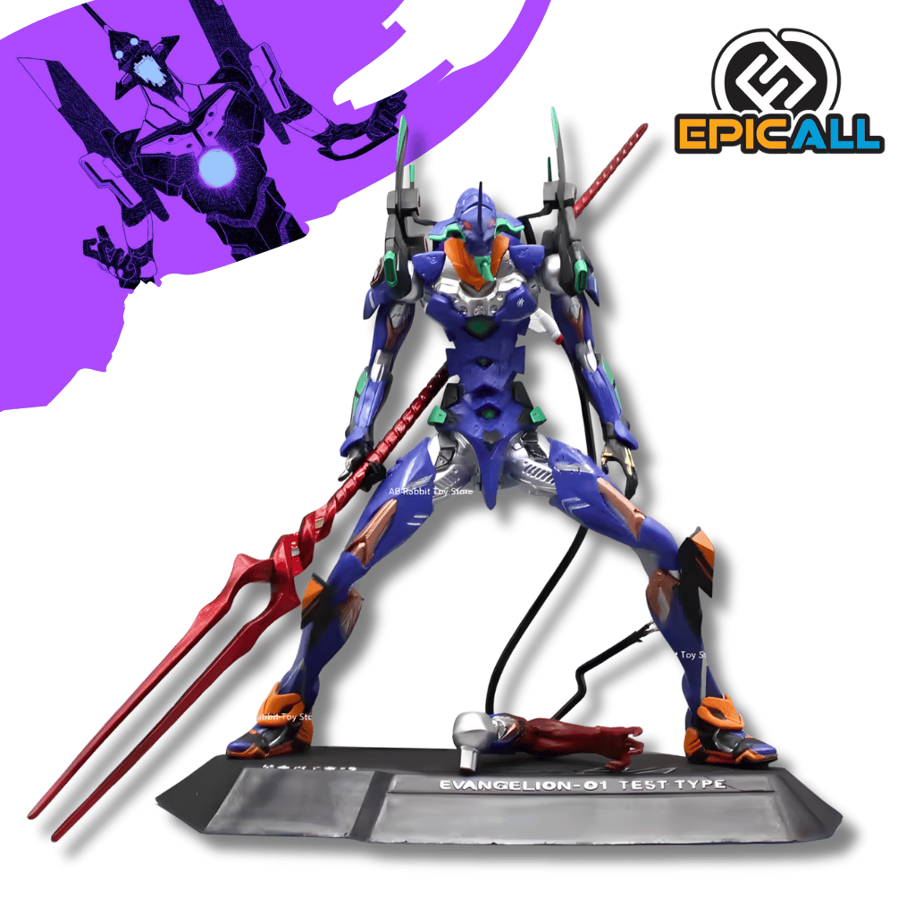 Una figura de estatua del Evangelion-01 Test Type de aproximadamente 33 cm. El mecha es de color púrpura y verde, está en una pose de combate agresiva y sostiene una lanza doble roja y larga en su mano derecha. La figura se asienta sobre una base de color oscuro que incluye la inscripción "EVANGELION-01 TEST TYPE".