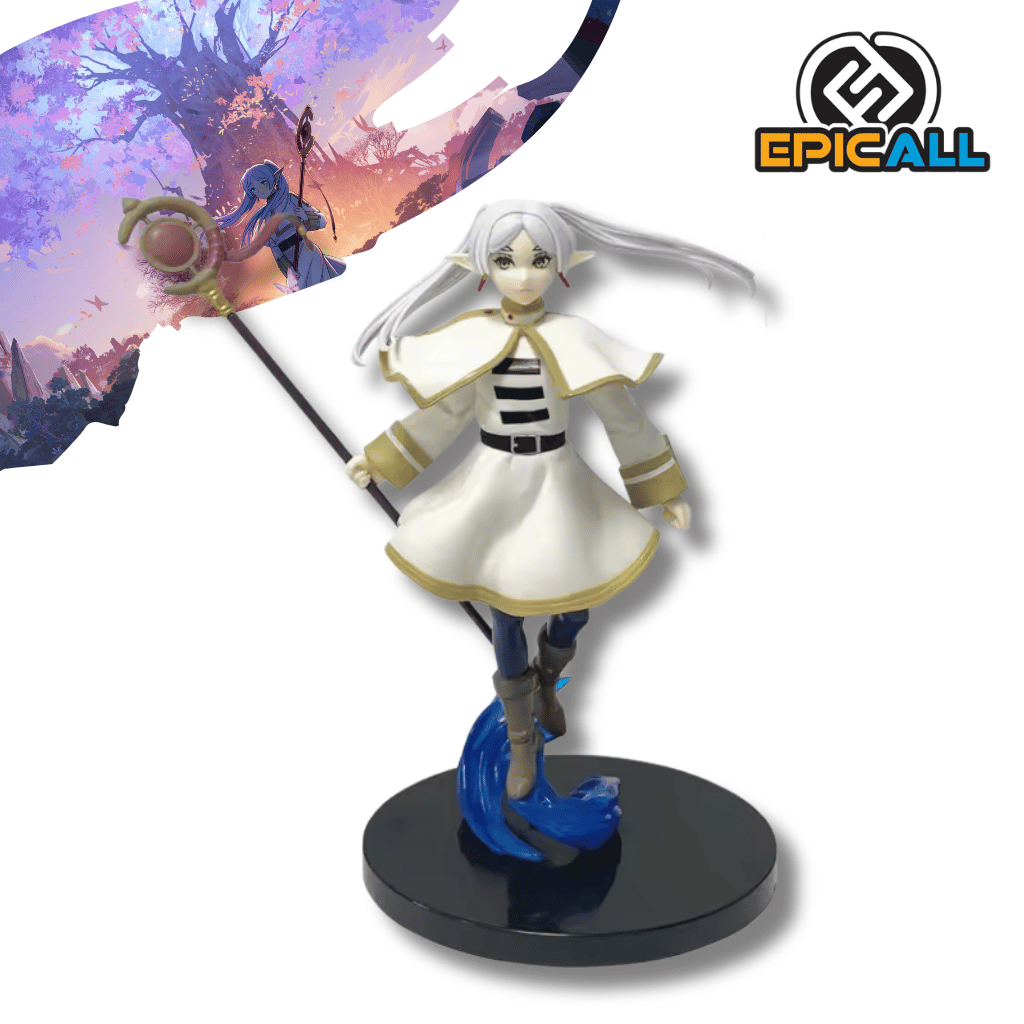 Figura de colección de Frieren, la elfa maga del anime Sousou no Frieren. La figura tiene cabello blanco recogido en dos coletas bajas y viste una túnica blanca con bordes dorados y una capa corta. Sostiene un báculo largo en su mano derecha. Está situada sobre una base circular negra con un efecto de energía azul ondeando en sus pies.