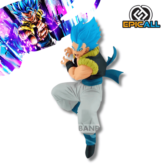Estatua de Gogeta Super Saiyan Blue en una pose de combate dinámica, con el cabello azul brillante erizado, lanzando un ataque con las manos en garra y vistiendo su chaleco de fusión negro y amarillo.