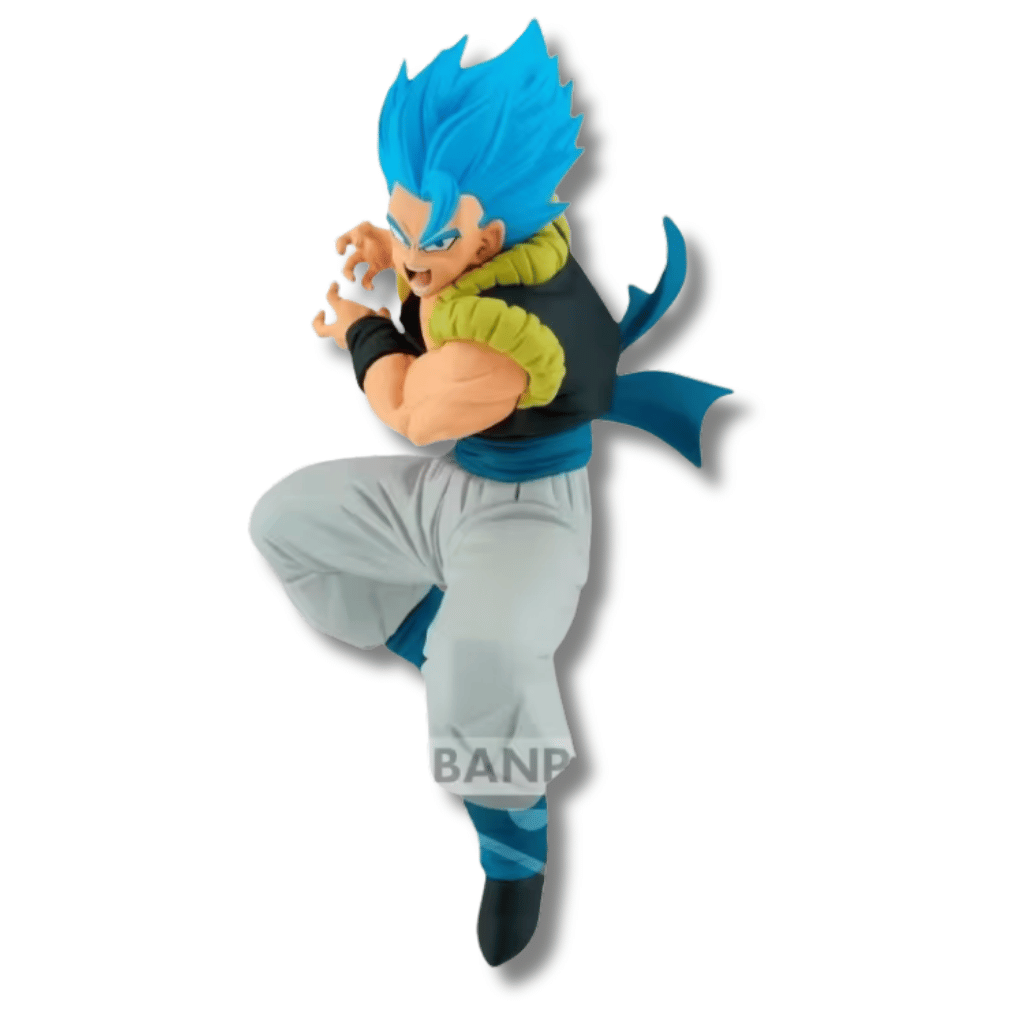 Estatua de Gogeta Super Saiyan Blue en una pose de combate dinámica, con el cabello azul brillante erizado, lanzando un ataque con las manos en garra y vistiendo su chaleco de fusión negro y amarillo.