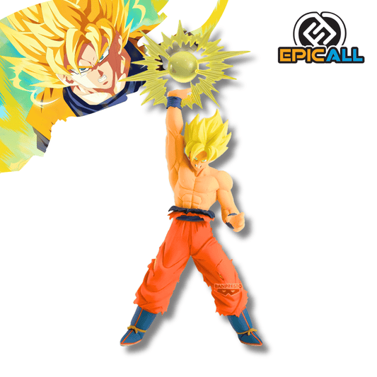 Estatua de Goku Super Saiyan de Dragon Ball Z lanzando un ataque de energía. Goku aparece sin camisa, con pantalones naranjas rotos y sosteniendo una esfera de poder translúcida amarilla con destellos sobre su cabeza.