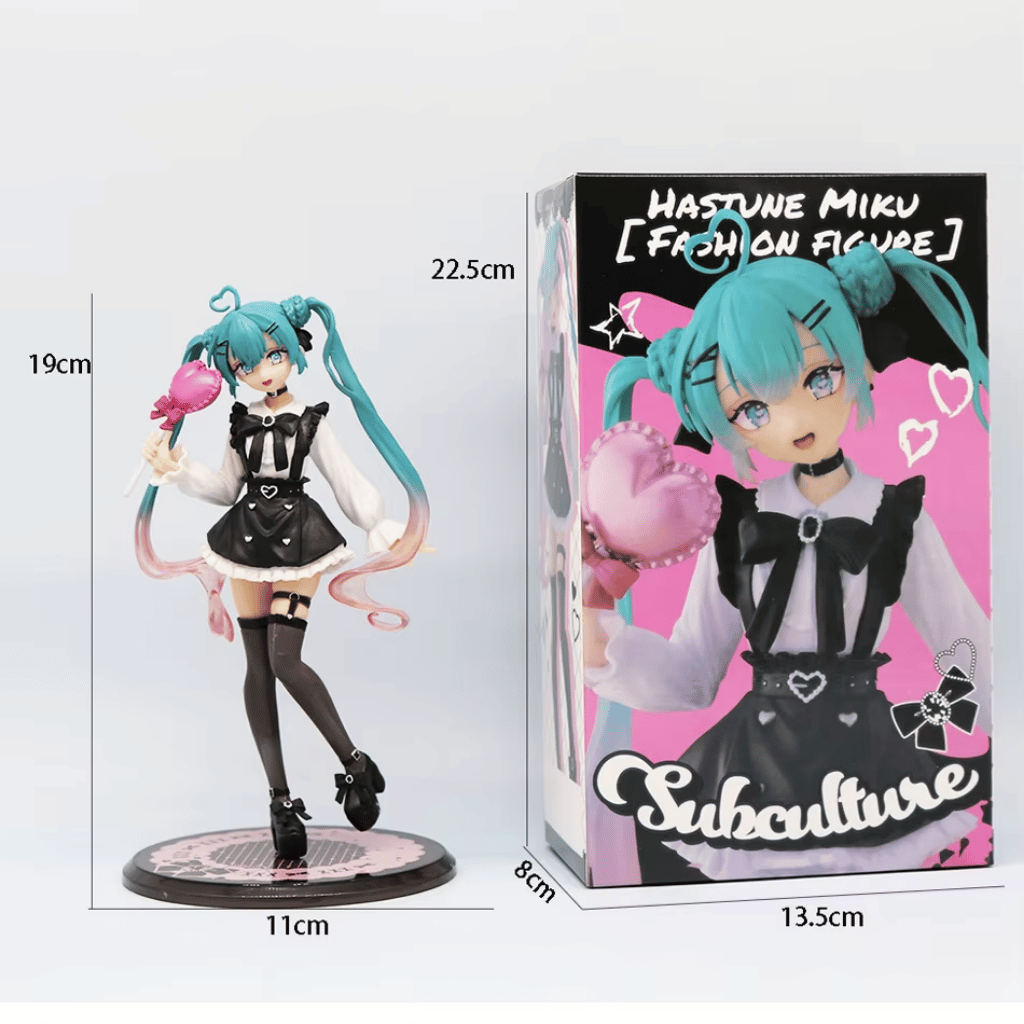 Foto con medidas de la figura de Hatsune Miku y su caja.